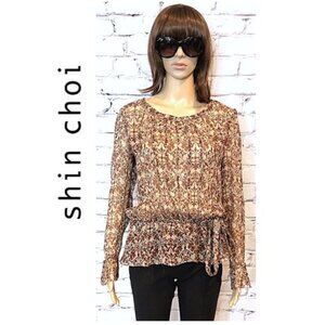 SHIN CHOI, Boho long sleeve 100% silk sheer floral print blouse with side tie